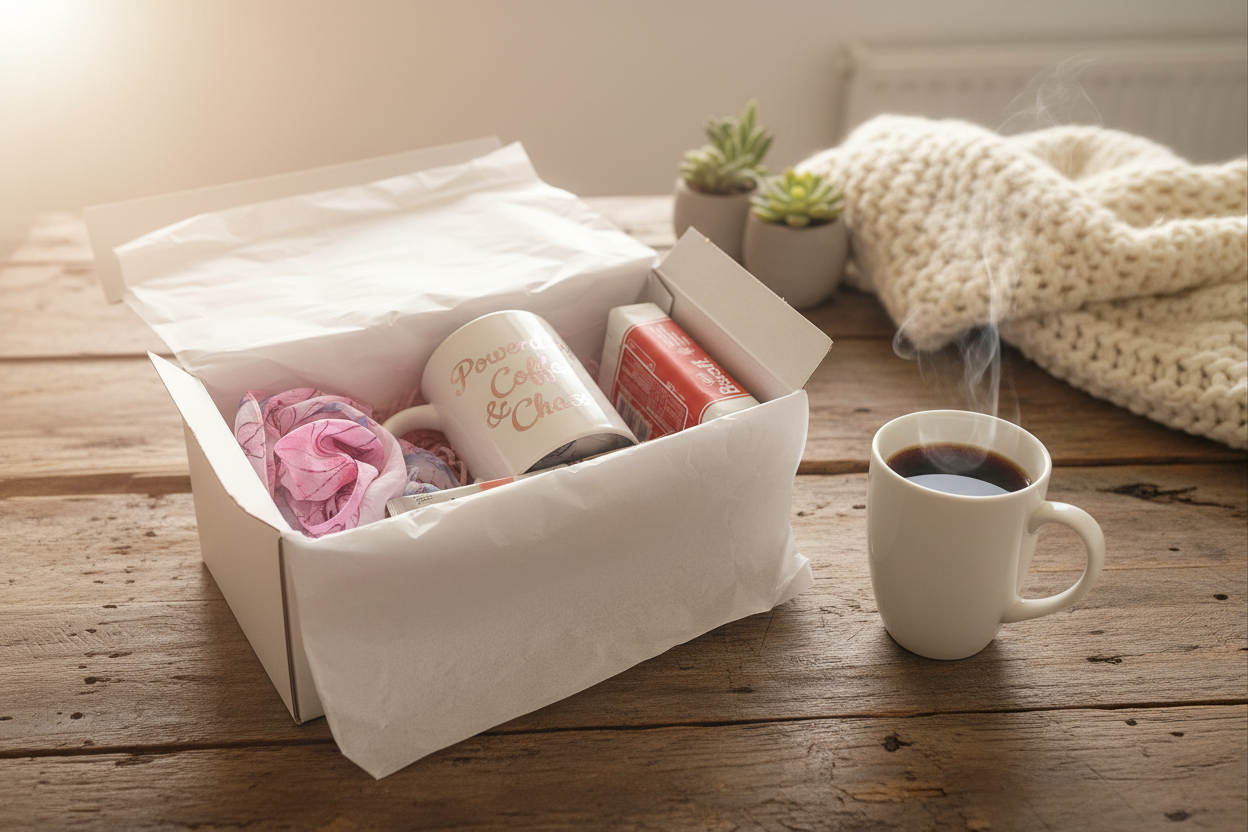 Coffee & Chaos Gift Box in cozy setting